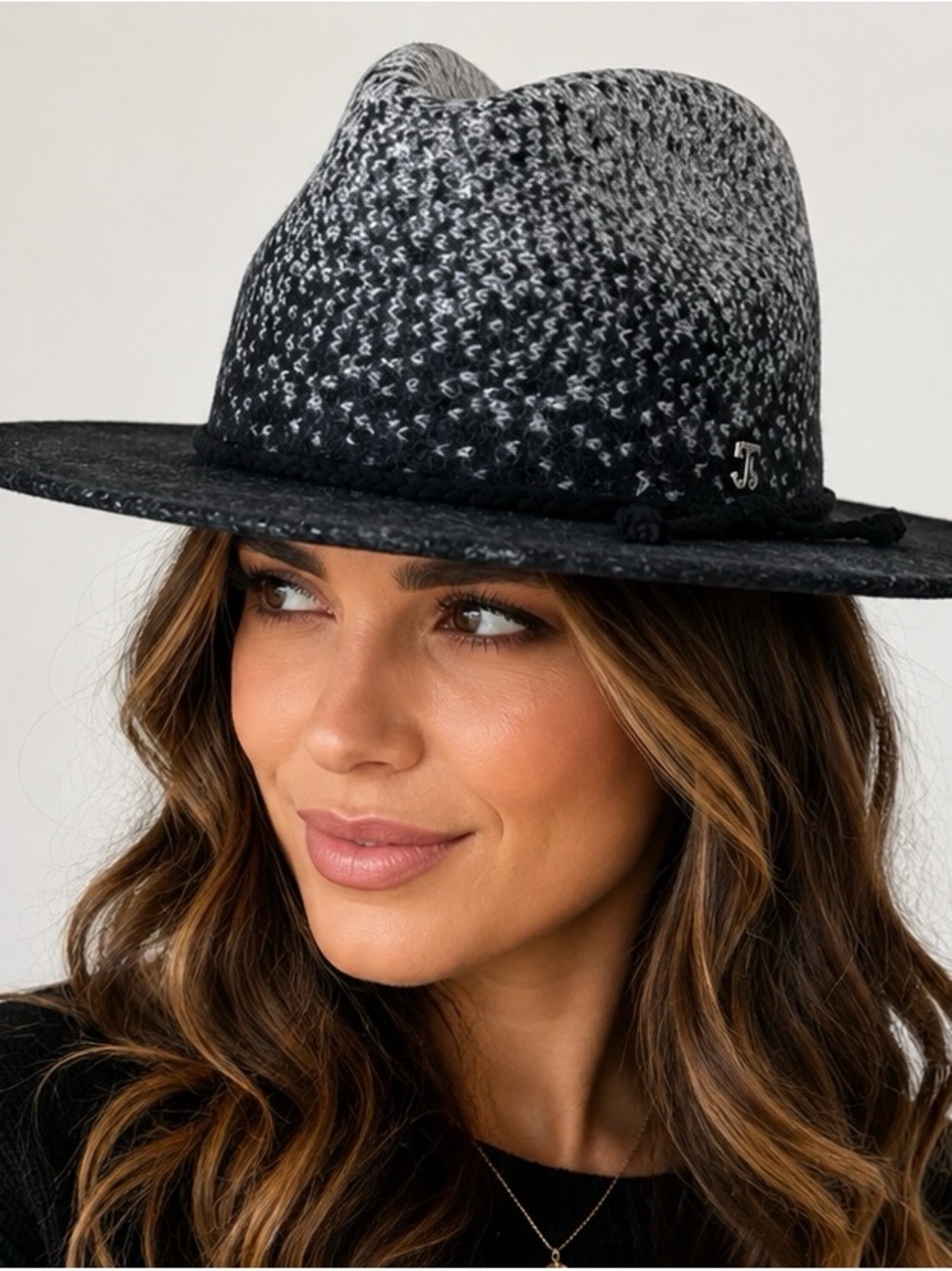 Callanan Fedora Boho Western Rancher Hat Black Wool Gray Ombre Wide Brim NWT